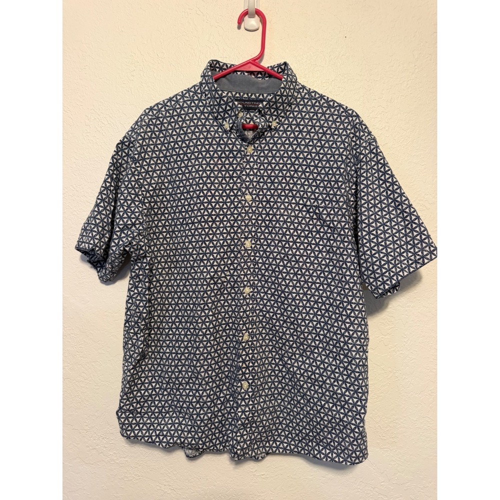 Roundtree & Yorke Mens Large Navy Blue White Geometric Floral Button Down Shirt